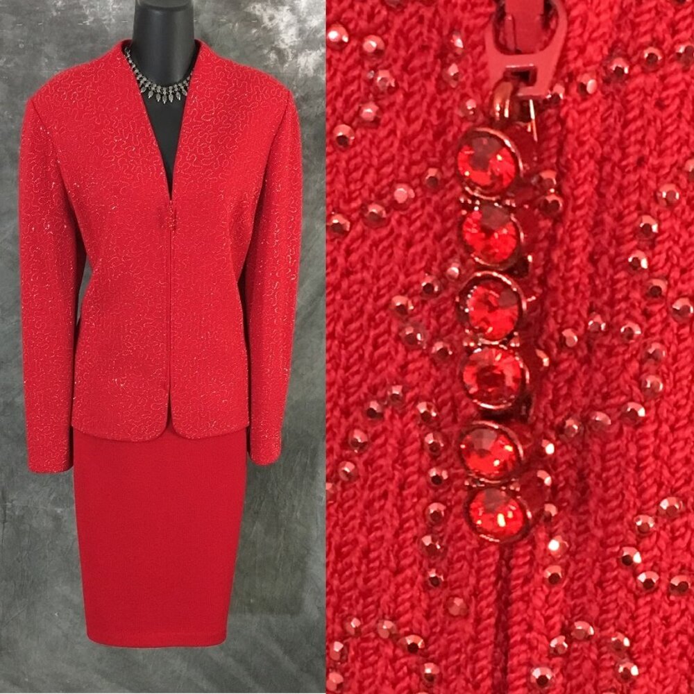 BEAUTIFUL st john evening knit red rhinestones embellished skirt suit 12 14